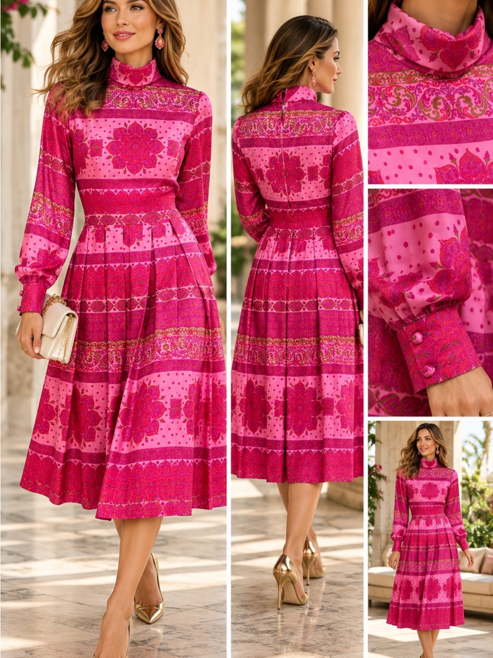 Vintage Skylight 100% Pure Silk Pink Floral Pleated Midi Dress Size 12 Thailand
